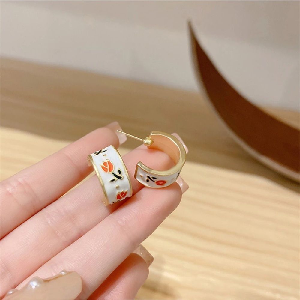 Small Gold and white tulip enamel ear cuff hoop earrings